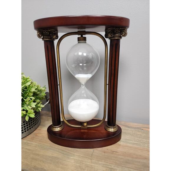 VINTAGE SAND CLOCK HOURGLASS by BOMBAY Co. Mahogany & Brass Flips Over 10.5" - Picture 2 of 10